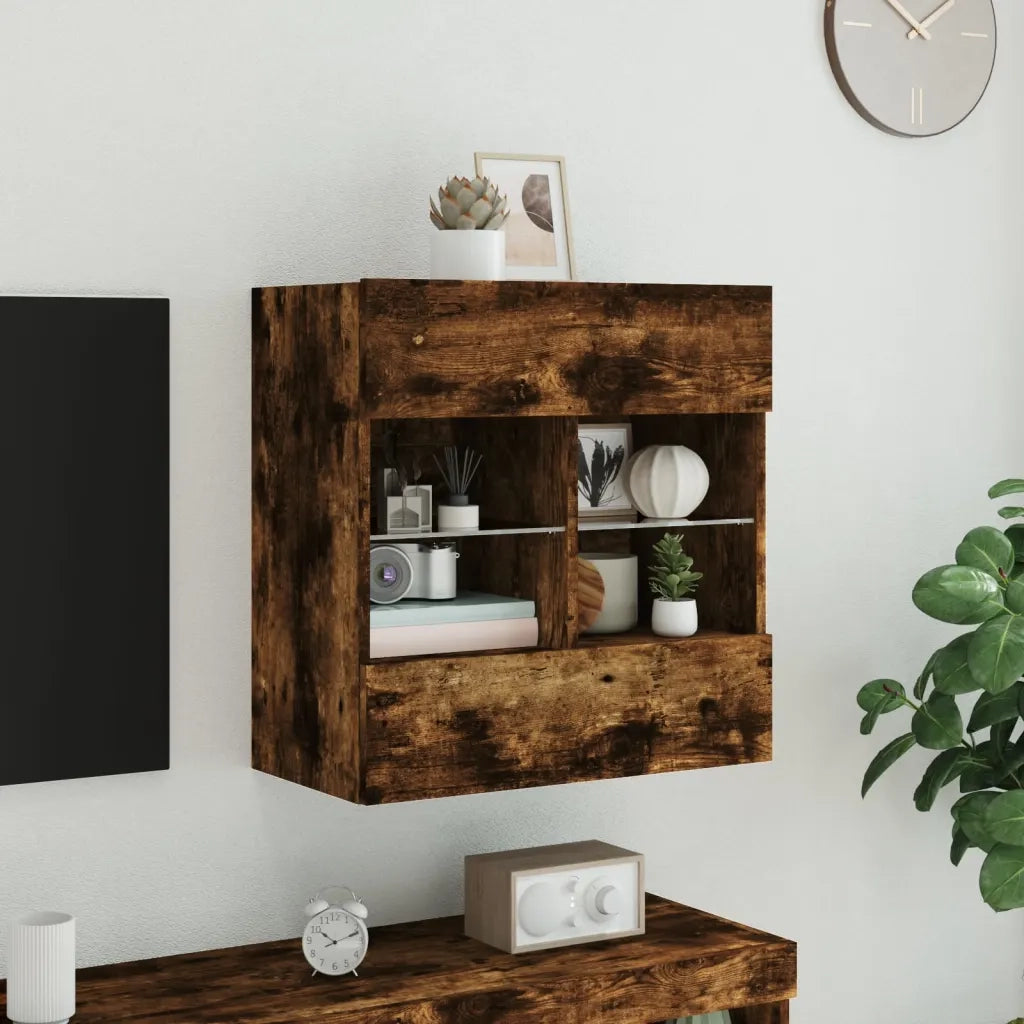 Mobile TV a Parete | Armadietto TV | Mobile Porta TV con Luci LED Rovere Fumo 58,5x30x60,5 cm