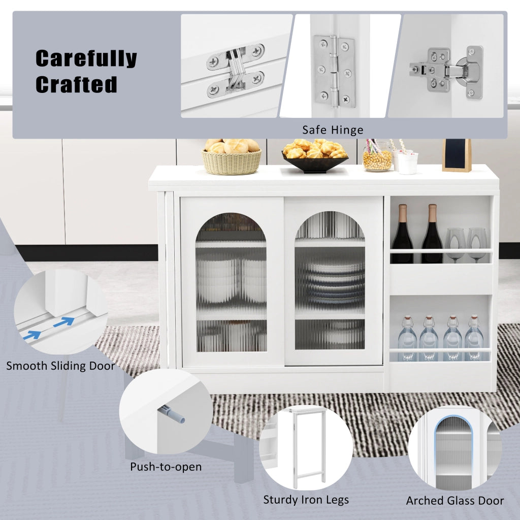 Tavolo bar da cucina con 1 anta; 2 ripiani regolabili e piani ribaltabili girevoli; in MDF; 121.5x40x76.7 cm; Bianco