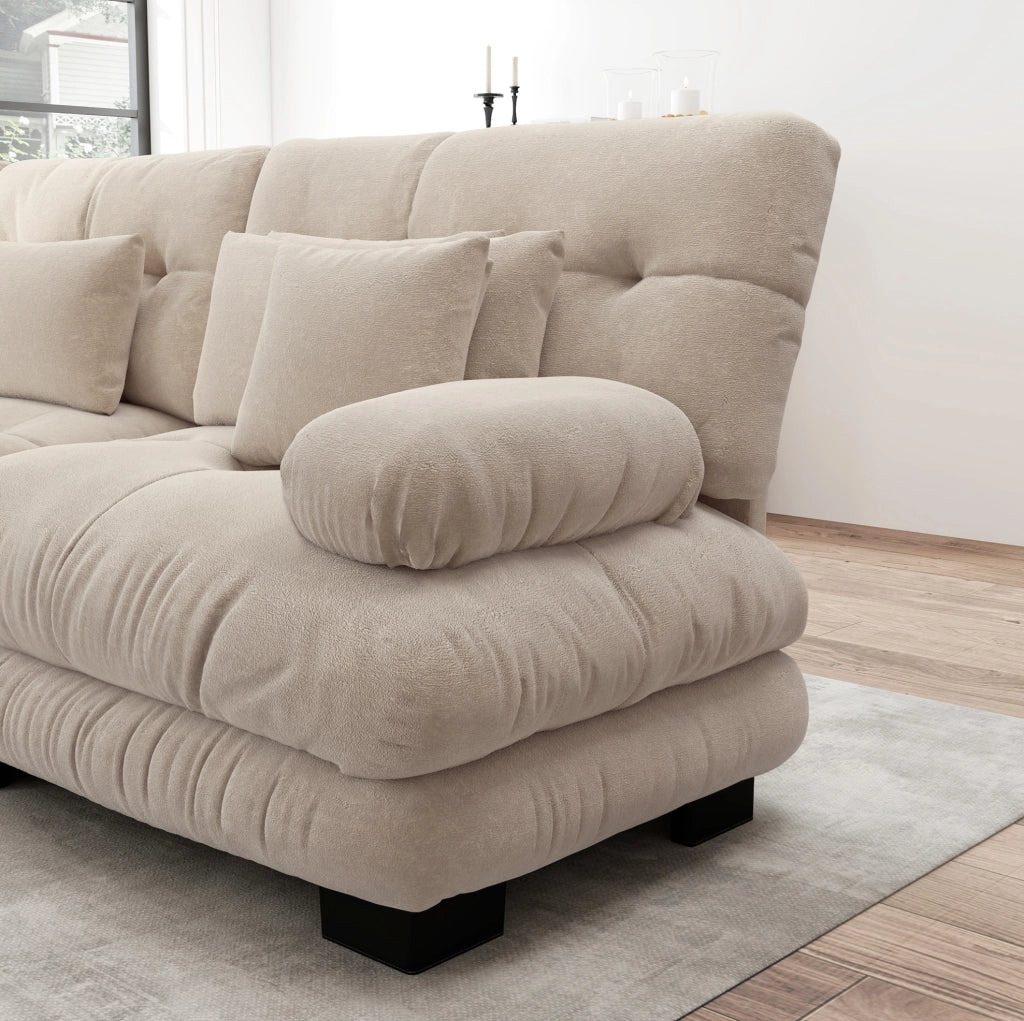 Divano modulare 4 posti con ottoman mobile; configurazione angolare o lineare; chenille color caffè chiaro