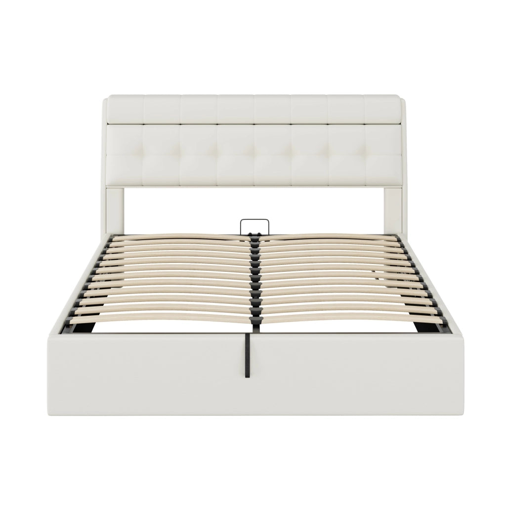 OKWISH Letto Contenitore 160×200 cm, Letto Matrimoniale con Vano Nascosto, Alzata Idraulica e Rete a Doghe, senza Materasso, PU, Bianco