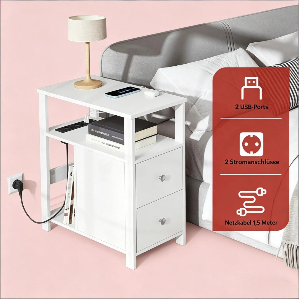 Tavolino basso con prese, 2 cassetti e 2 ripiani aperti, per soggiorno e camera, in legno, bianco, 60 × 60 × 30 cm