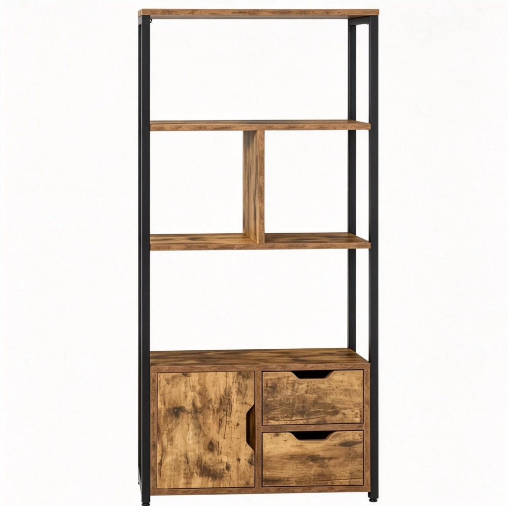 Libreria 58x24x122 cm nera e legno， con vano aperto e chiuso