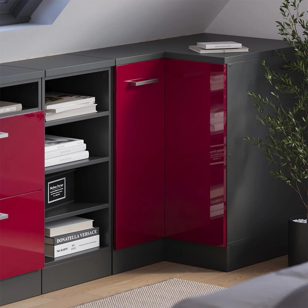 Mobile sottotetto Mobile angolare Rion, Rosso lucido, 75.6 x 81.6 cm con 1 porta, carcassa dell’armadio profondità 60 cm, adatto per il salvaspazio sotto tetti spioventi