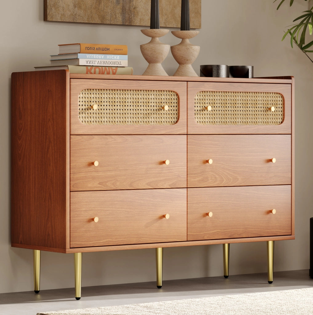 COMODA 6 cassetti 120x40x90 cm effetto noce con dettagli in rattan