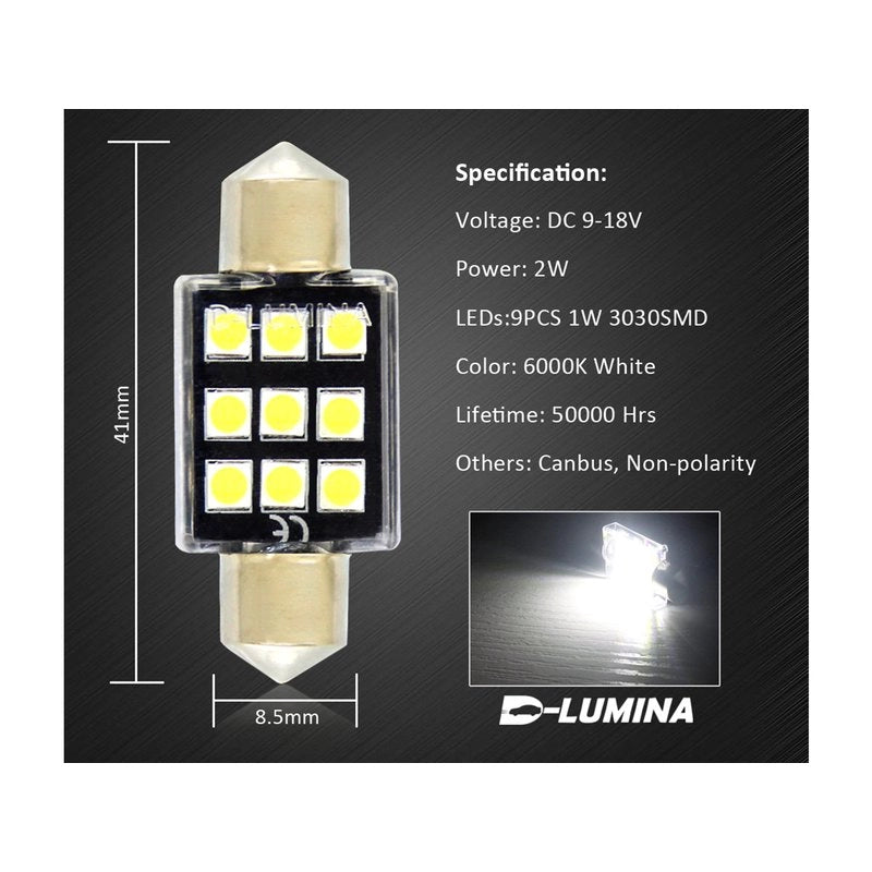 4 Lampade LED T11 Canbus 41mm 12V 2W con 6 SMD 3030 Bianco 6000K No Polarità