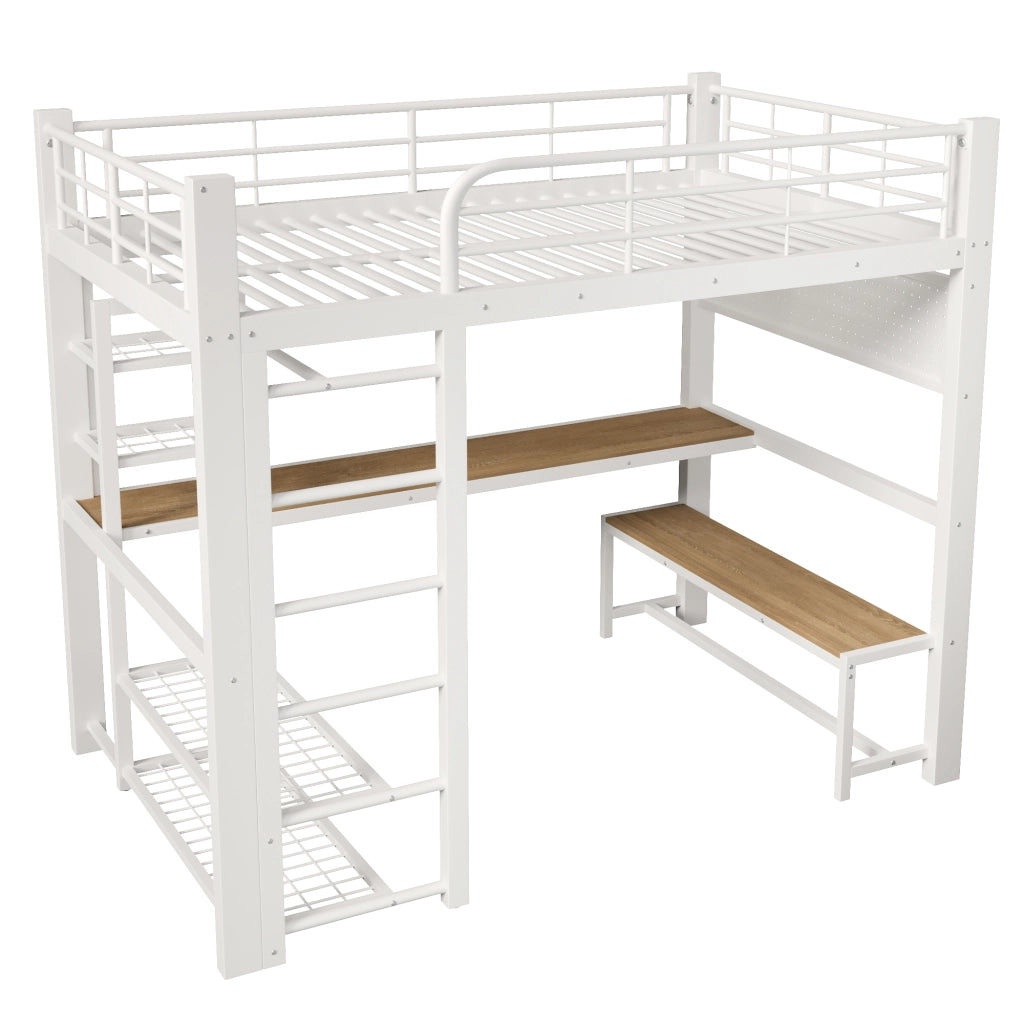 Letto a soppalco 140×200 cm con LED; scrivania; ripiani e scala; senza materasso; metallo; bianco