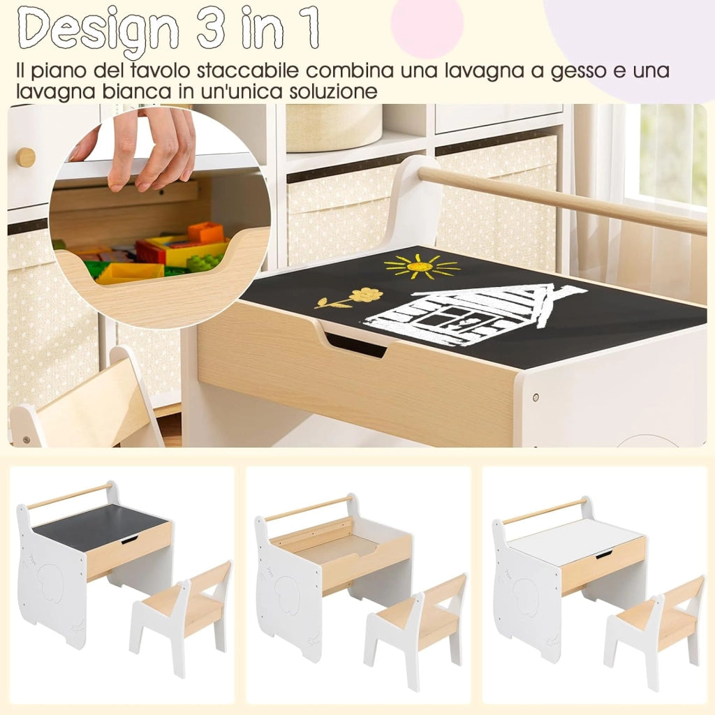 Set Tavolo e Sedia per Bambini 2 in 1, Set con Scrivania e Sedia in Legno per Bambini con Piano Rimovibile, Spazio di Archiviazione e Porta Rotolo di Carta per Aula e Cameretta (Bianco)