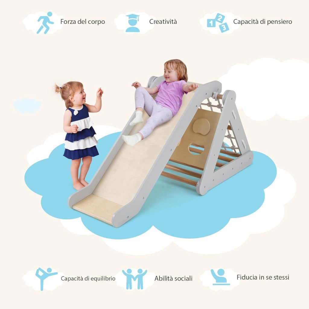 Set 4 in1 Arrampicata per Bambini, Arrampicata a Triangolo con Scivolo, Set di Arrampicata in Legno per Interni e Esterni con Rete di Arrampicata, Carico 50kg, 1 Anni+ (Grigio)