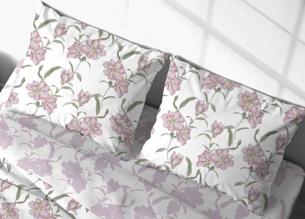 Completo Lenzuola Letto In 100% Cotone Made Italy Disegno Magnolia - Francese - Rosa