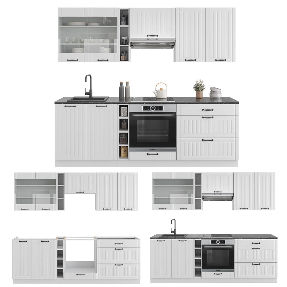 Cucina componibile Fame-Line Bianco rustico/Bianco 235 cm, PL Marmo Vicco
