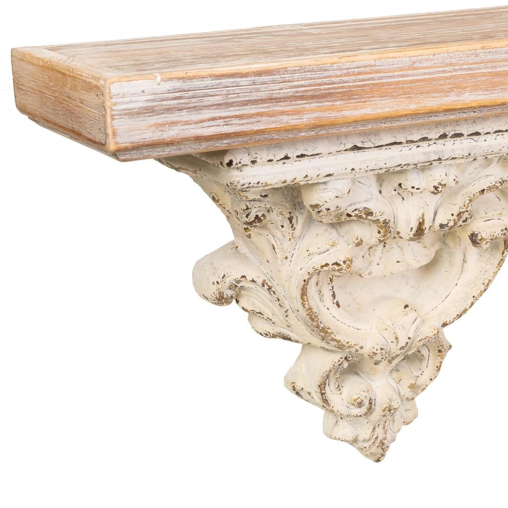 Scaffale in legno intagliato bianco e resina 120x14x28h