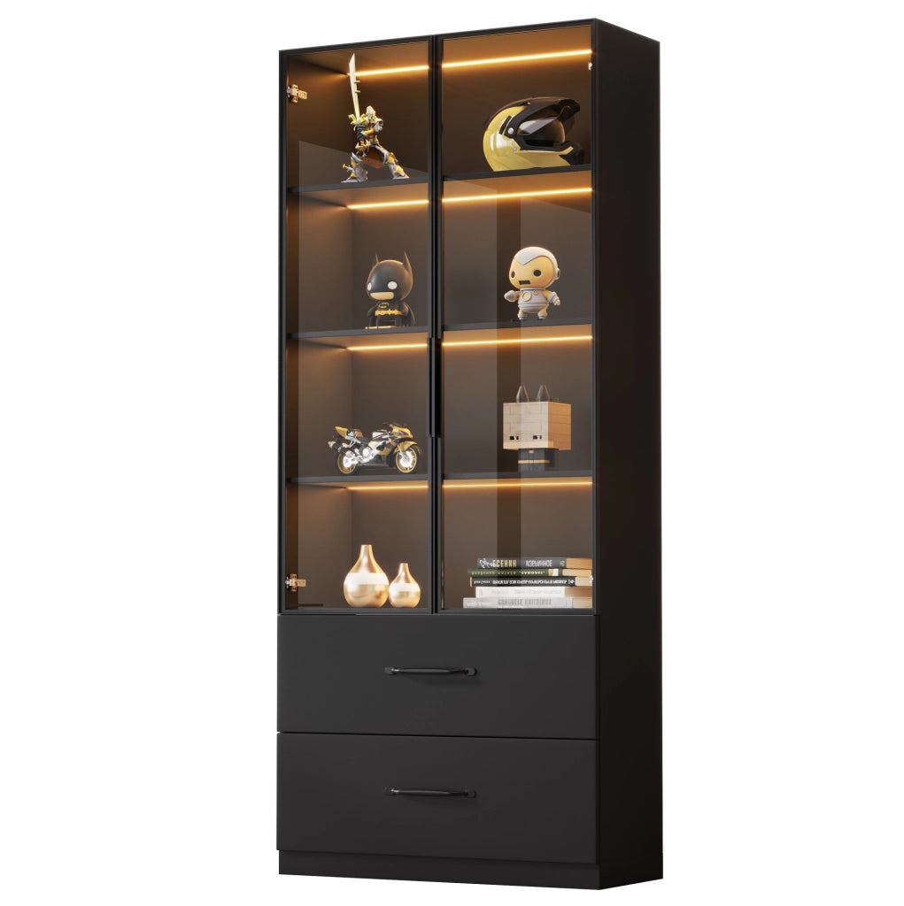 Vetrina LED nera 60 x 40 x 160 cm con ante in vetro e cassetti