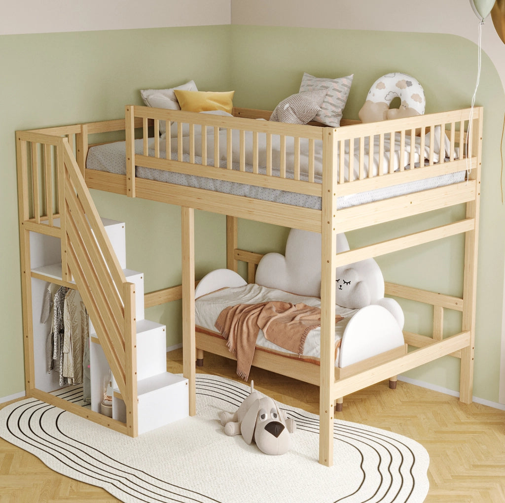 Letto singolo rialzato 140x200 cm in legno naturale con scala contenitore e sponda alta