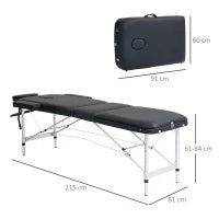 Lettino da Massaggio Pieghevole ad Altezza Regolabile, in Alluminio e Plastica, 215x81x61-84 cm, Nero