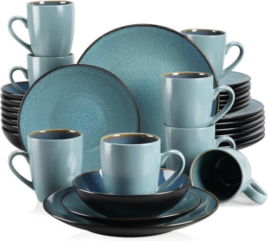 Servizio da Tavola Completo per 8 Persone - 32 Pezzi - Porselein - Set di Piatti e Tazze per 8 Persone - 32 Pezzi - Blu Turqueso