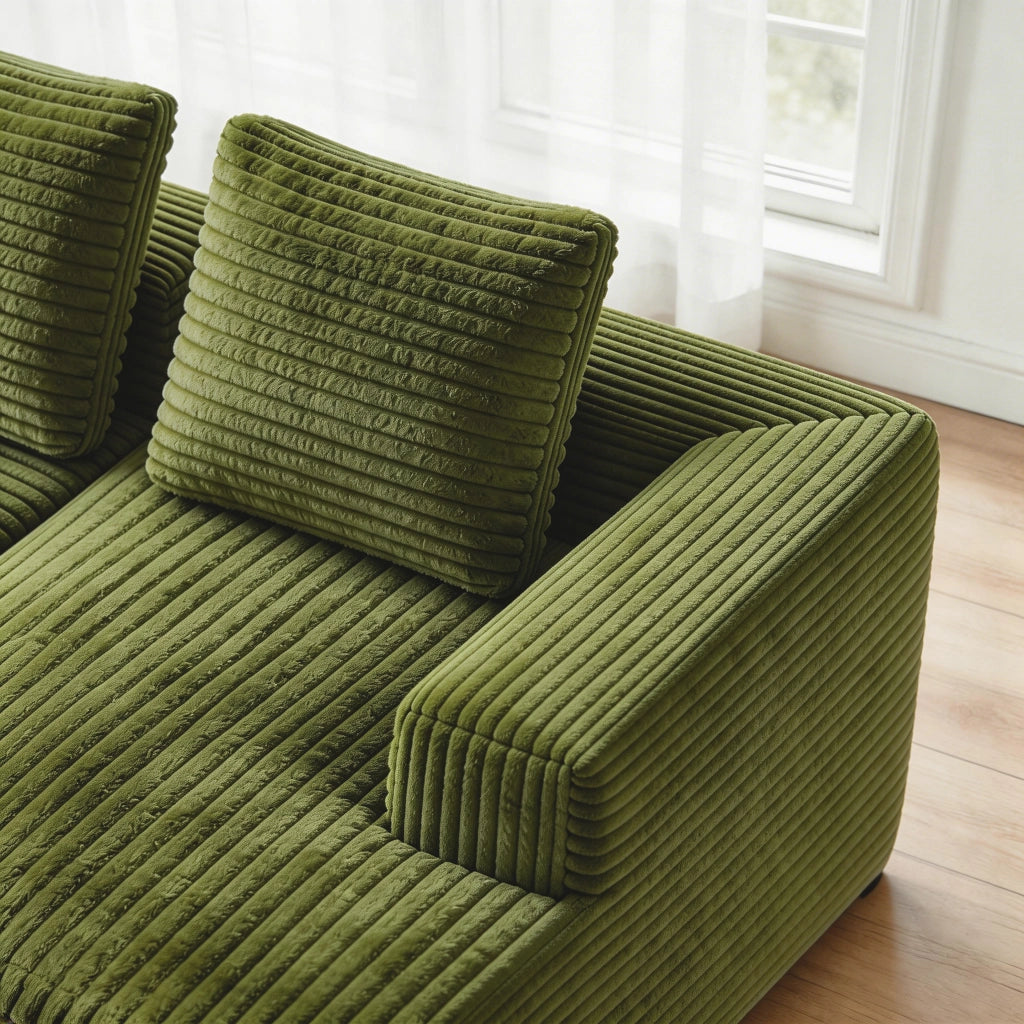 Divano angolare reversibile modulare con chaise longue e funzione senza montaggio in velluto a coste verde