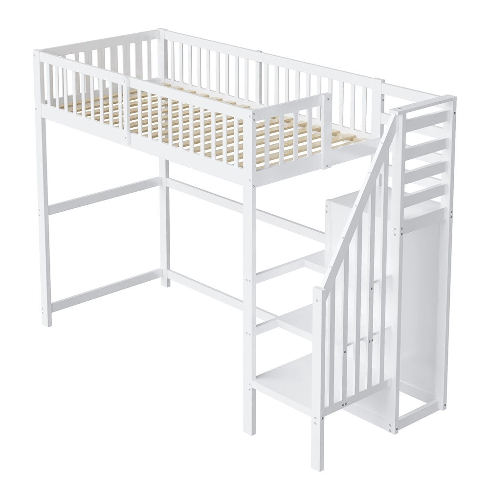 Letto a Soppalco 90x200 con Scala e Ripiani ¨C Xylo ¨C Bianco, Legno, Armadio