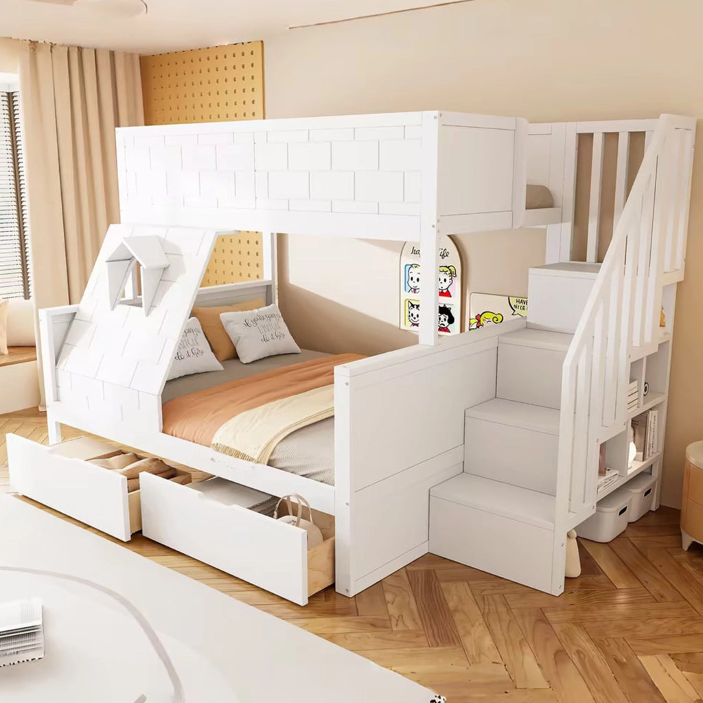 LETTO a castello con scala, cassetti e finestra 90x200/140x200 cm Bianco