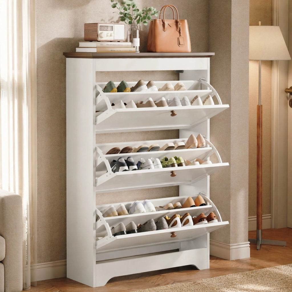 Scarpiera salvaspazio con 3 ribalte 87 x 26 x 120 cm in MDF bianco con piano marrone