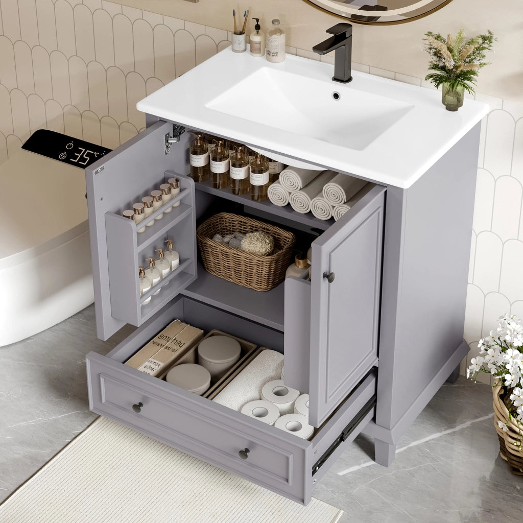 Armadietto da bagno con lavabo in ceramica, 2 ante e 1 cassetto, per bagno, in MDF e ceramica, grigio, 76 × 46 × 87 cm