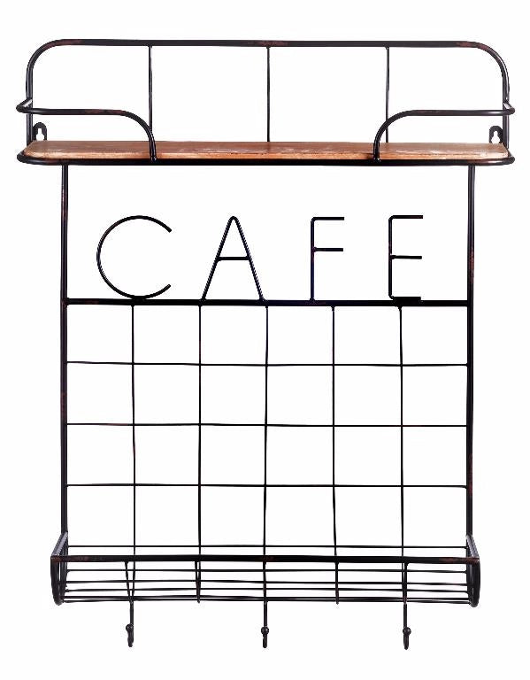 Mensola da parete cucina in ferro e legno 1 ripiani + 3 ganci 58 x 15 x 73 cm