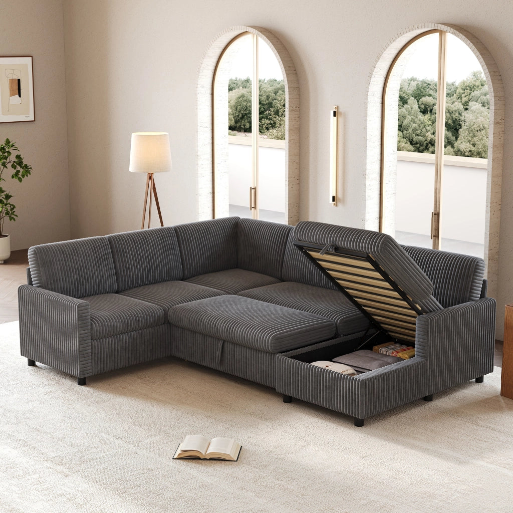 Divano angolare a U con funzione letto, chaise longue contenitore, corduroy grigio, 274¡Á220¡Á85 cm