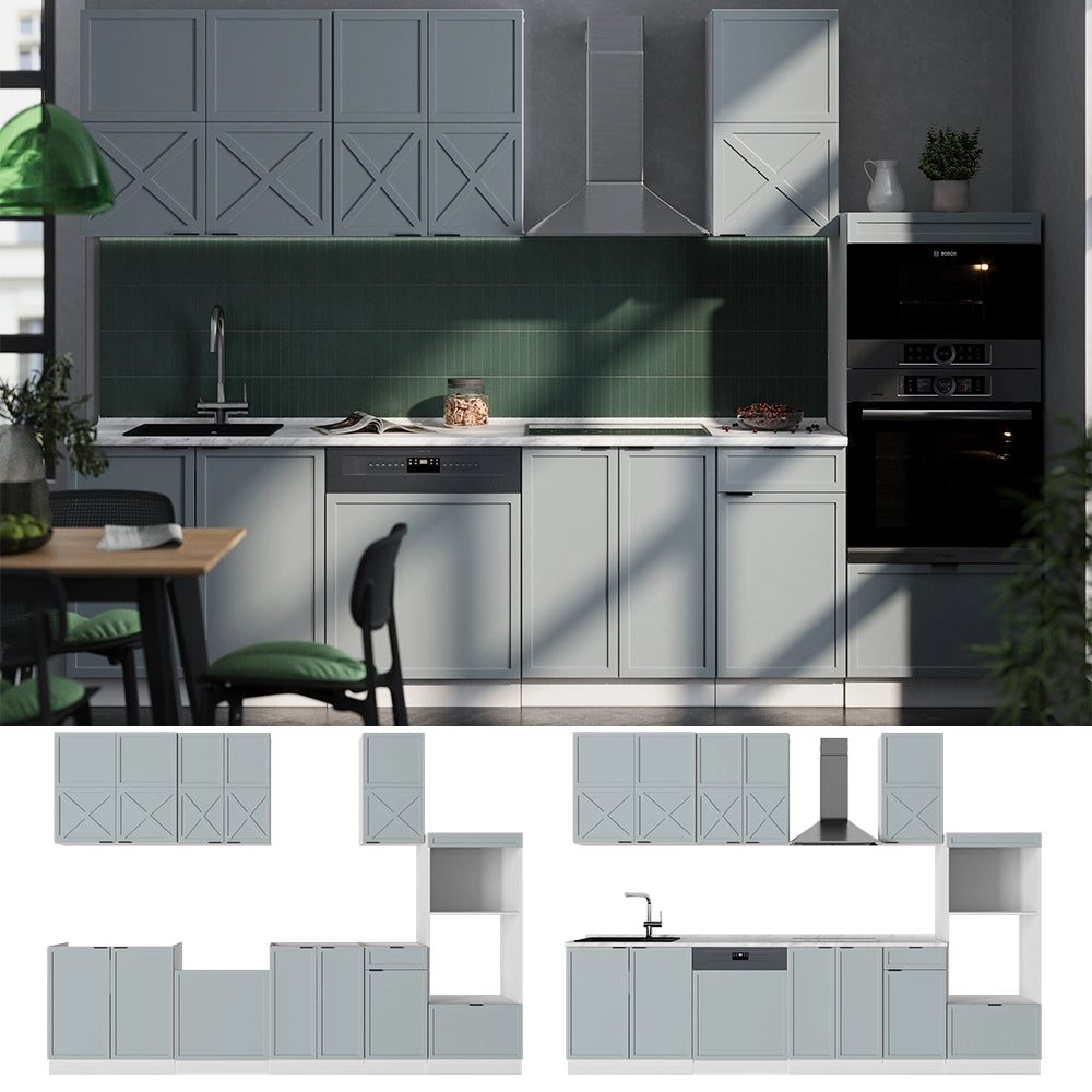 Vicco Cucina componibile Blu-grigio chiaro/bianco 300 cm con armadio alto, PL Rovere