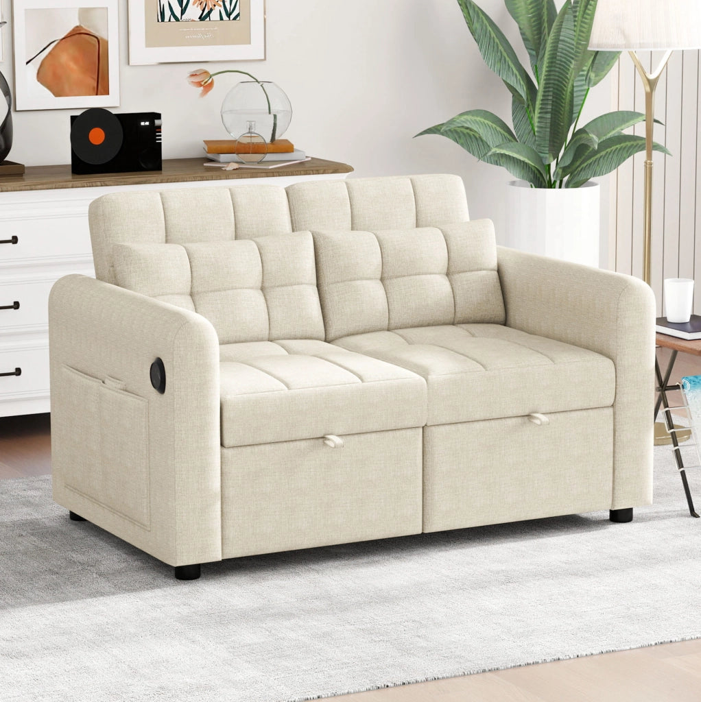 Divano letto 3 in 1; schienale reclinabile; cotone e lino beige