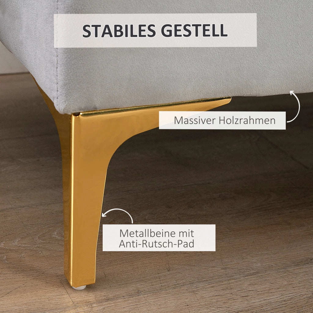 Panca da letto imbottita in velluto con seduta capitonné e gambe dorate in legno grigio chiaro 118 × 45 × 42 cm