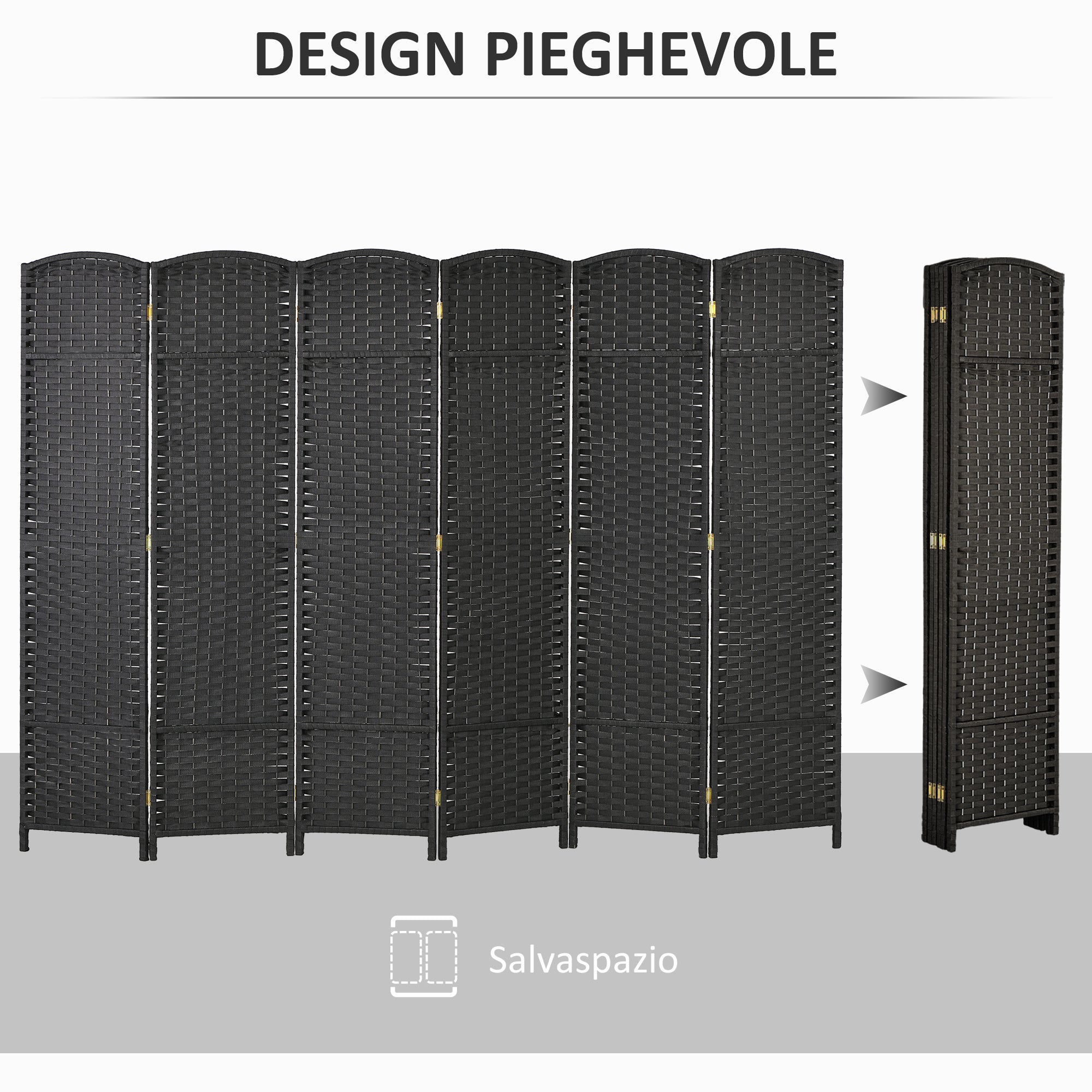 Paravento Divisorio da Interni Pieghevole a 6 Pannelli Intrecciato 240x170 cm in Polipropilene Nero