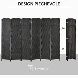 Paravento Divisorio da Interni Pieghevole a 6 Pannelli Intrecciato 240x170 cm in Polipropilene Nero