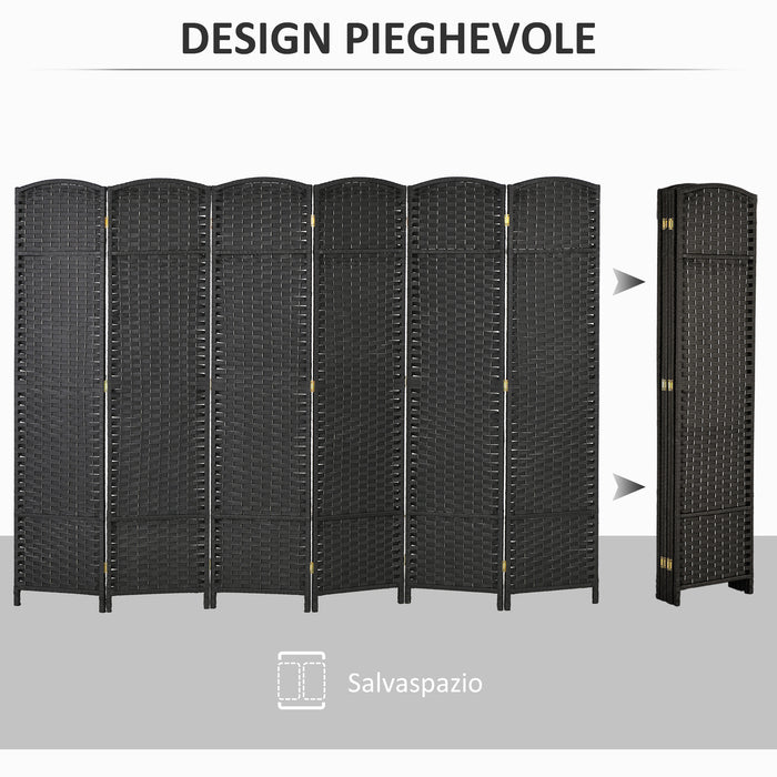 Paravento Divisorio da Interni Pieghevole a 6 Pannelli Intrecciato 240x170 cm in Polipropilene Nero