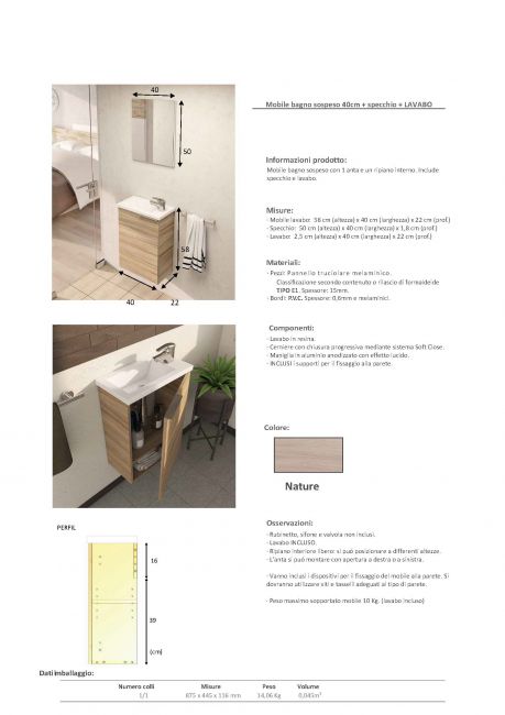 Mobile bagno sospeso Compact Cody completo di lavabo e specchio Colore NOCE