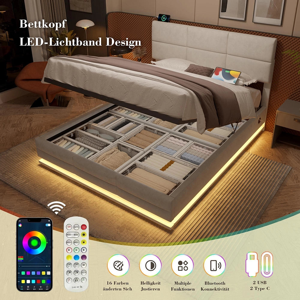 Letto 160x200cm imbottito - Xylo - velluto beige USB idraulico LED