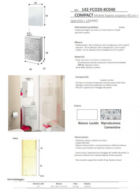 Mobile bagno sospeso Compact Cody completo di lavabo e specchio Colore Bianco - Bianco Lucido Cementine