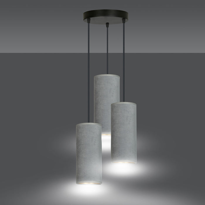 Sospensione Tonda 3 Luci Bente In Acciaio Nero E Paralumi Grigio E Oro