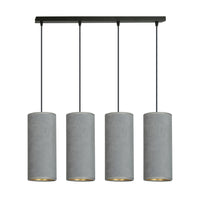 Sospensione 4 Luci Bente In Acciaio Nero E Paralumi Grigio E Oro