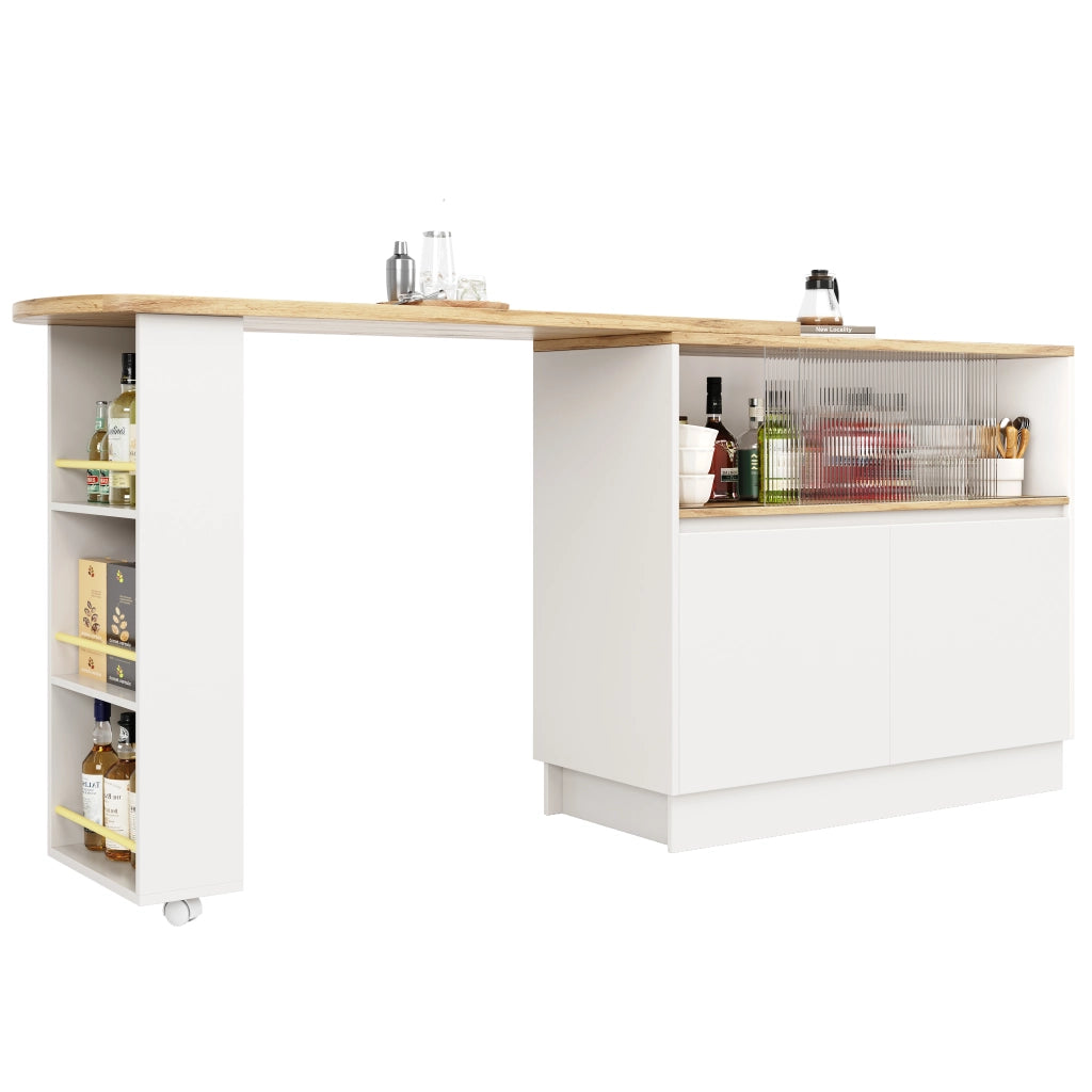 Isola cucina e mobile bar girevole 360° con ante in vetro, ripiani e cassetti, bianco in MDF