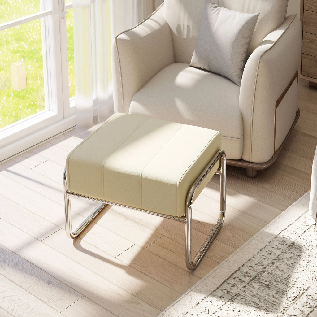 Poggiapiedi Imbottito in Tessuto Chenille ¨C Minimal ¨C Beige