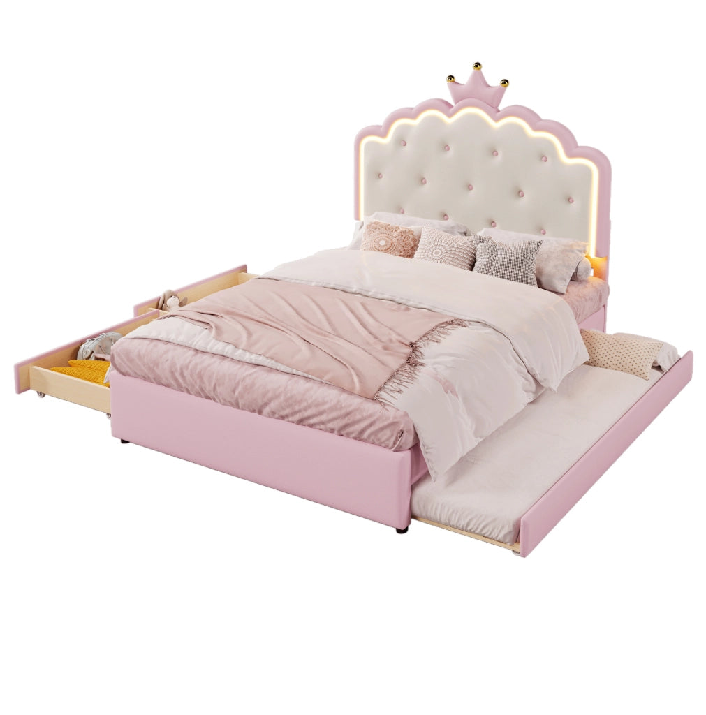 Letto imbottito 140x200 cm; luci LED e cassetti; PU; rosa (Senza materasso)