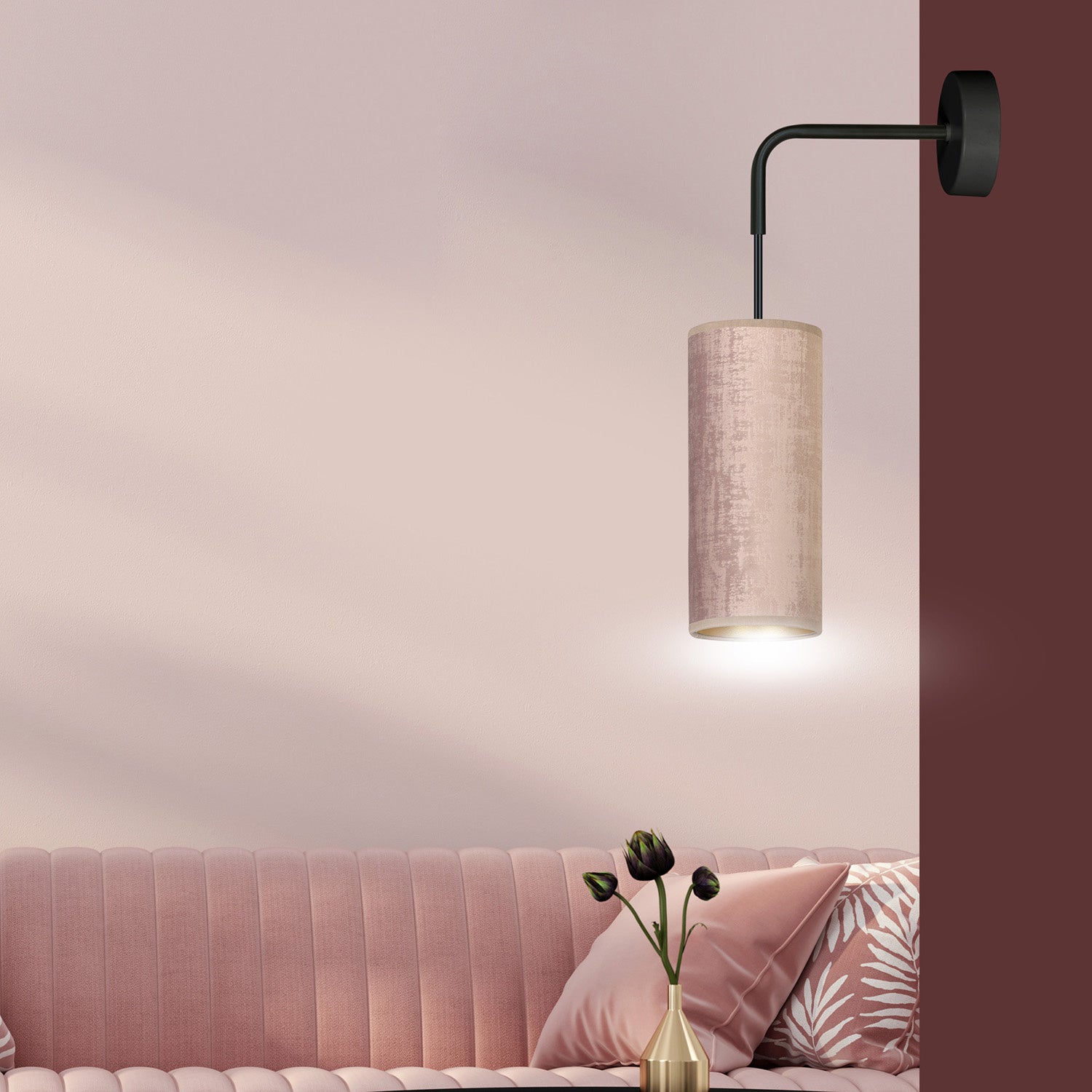 Applique 1 Luce Bente In Acciaio Nero E Paralume Rosa E Oro