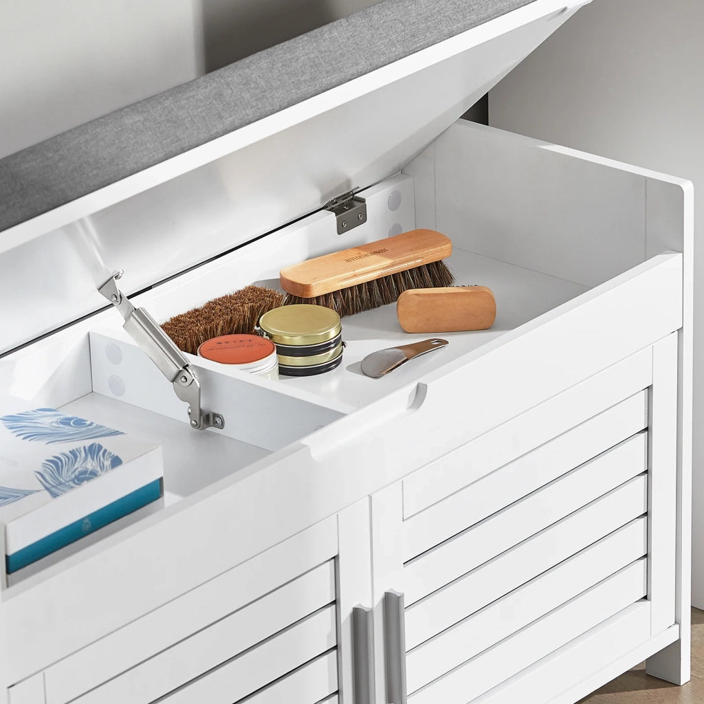 Panca contenitore con 2 ante Scarpiera con vano portaoggetti Panca ingresso Bianco, L90xP33xA50 cm FSR102-W