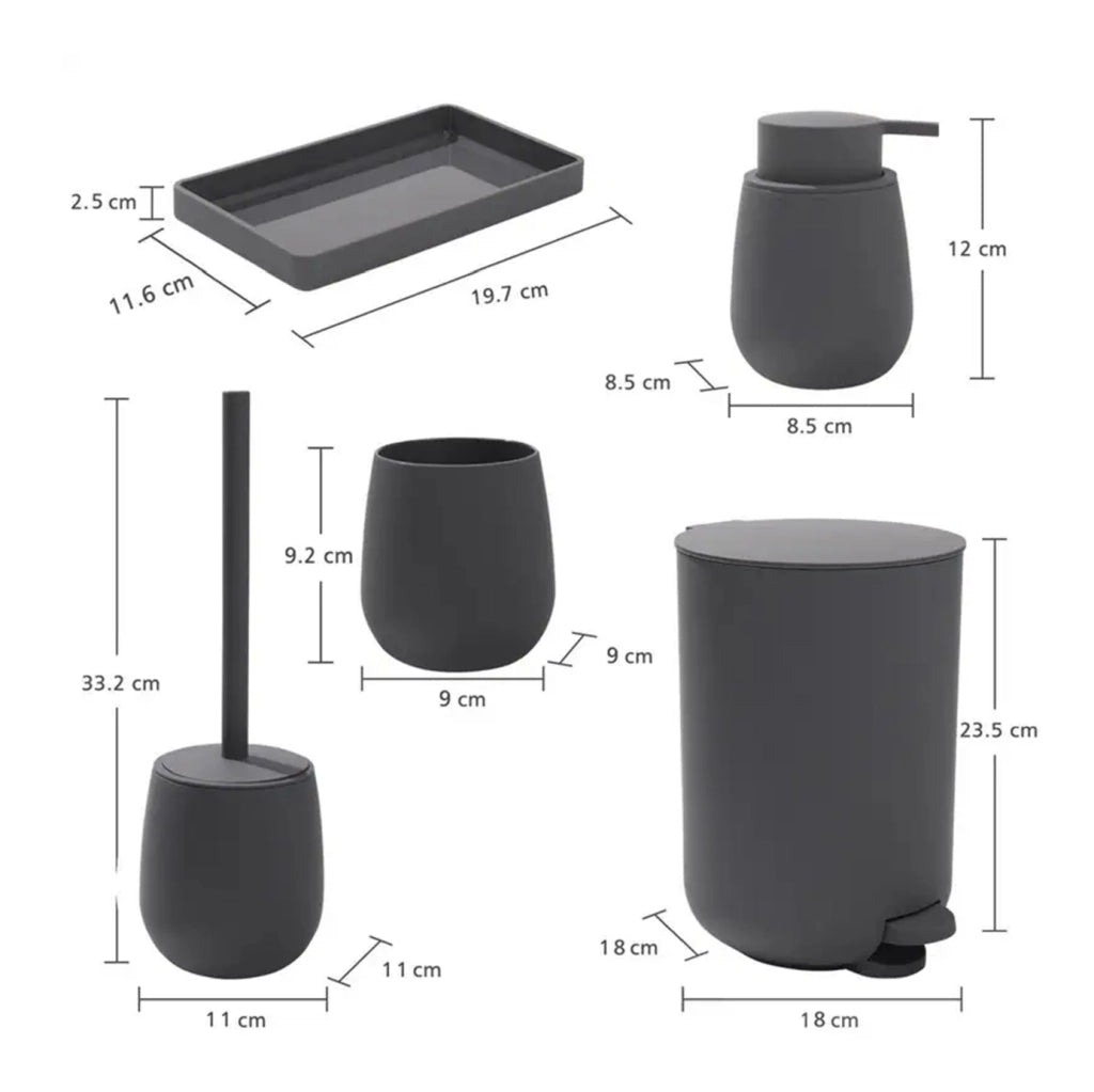 Set Accessori Bagno 6 Pezzi in ABS Completo Pattumiera con Pedale, Scopino WC, Dispenser Sapone, Porta Spazzolini, Bicchiere e Vassoio Antiscivolo Design Moderno e Resistente Grigio