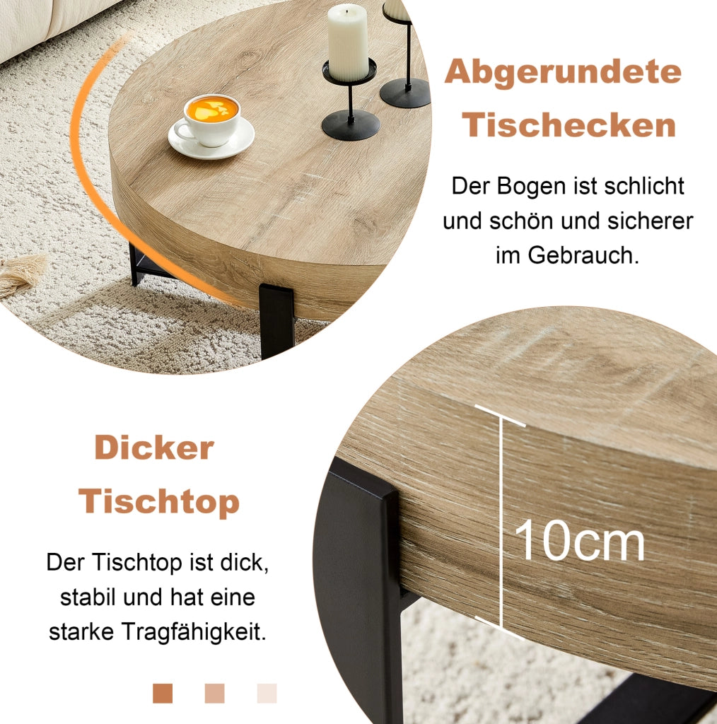 Tavolino da caffè rotondo ?68 cm in MDF e metallo nero; effetto legno
