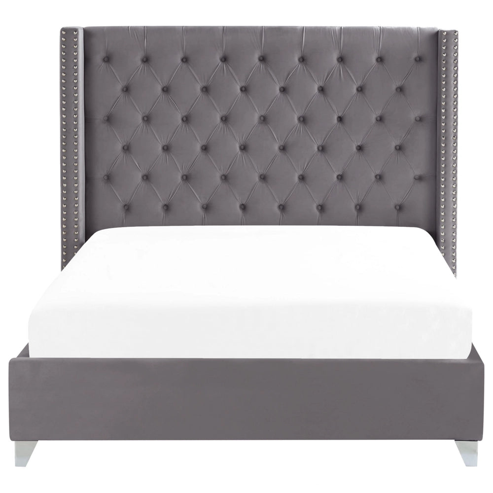 Letto a doghe Velluto grigio imbottito Poggiatesta trapuntato borchie 180 x 200 cm Glam Design