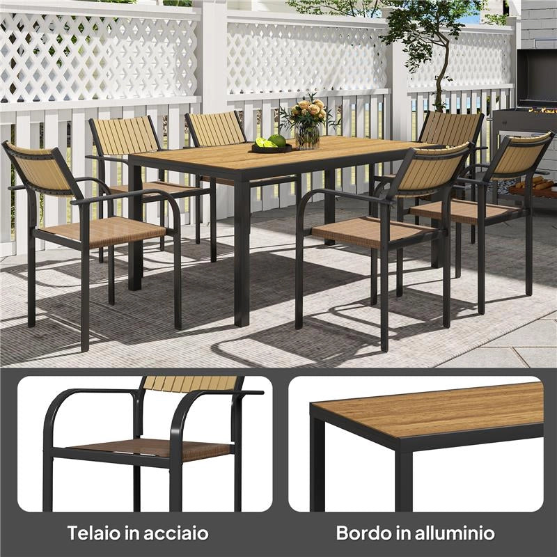SET TAVOLO DA GIARDINO ALLUNGABILE CON 6 SEDIE DA ESTERNO IMPILABILI ACCIAIO E TEXTILENE MARRONE