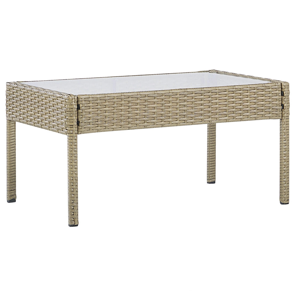 Set divano da giardino in finto rattan marrone con cuscini bianchi e tavolino da caffè a 4 posti
