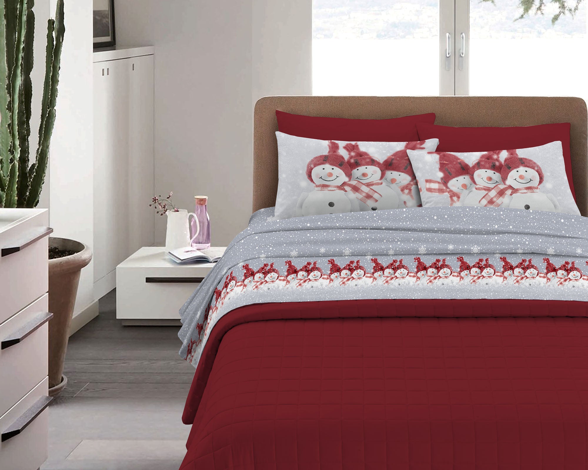 Completo Letto in Flanella Calda e Morbida Anti Pilling - Set Flanellato 3 Misure parure con Federe - SnowMan Rosso - 1 Piazza