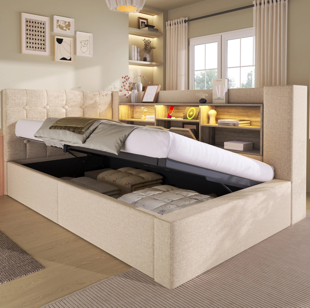 Letto singolo 90x200 cm con contenitore; LED; porte USB e Type-C; beige; con materasso