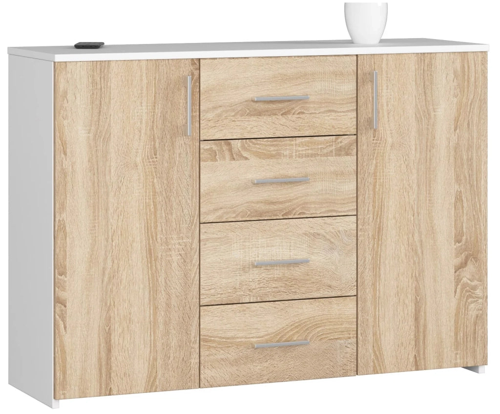 Cassettiera AKORD K45 Cassettiera Bianca 110 cm 2 ante 4 cassetti inserto frontale Sonoma Quercia 110x35x80 cm